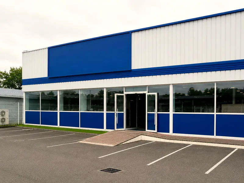 La façade de la boutique et son parking